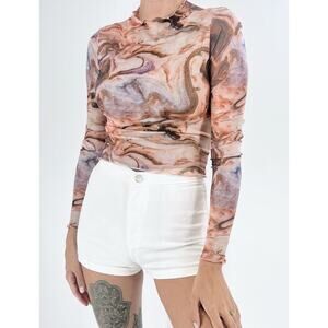 Women's Marble Long Sleeve Sheer Mesh Crop Top Size XS